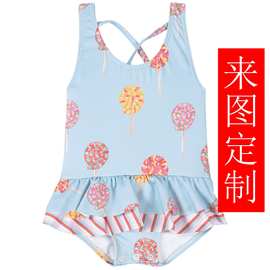 儿童泳衣女童条纹棒棒糖印花防晒UPF50+游泳衣再生面料实体工厂