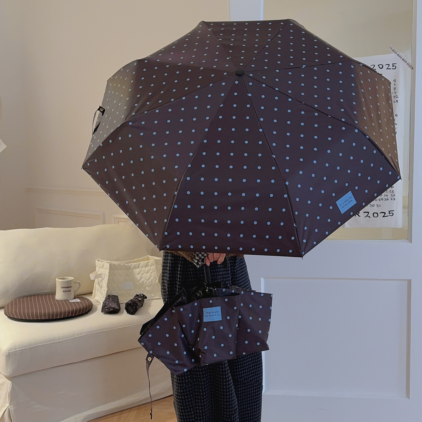 Polka Dot Black Coating UV Protection Sunshade Top Quality Foldable Korean Fresh Style Dual-Use Umbrella For Sun And Rain_voghion.com