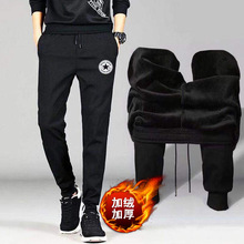 韩版潮流纯黑胖子大码弹力裤子冬季男裤子加绒加厚束脚青年运动裤