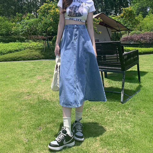 Women's High-Waisted Denim A-Line Medium-Length Full-Skirted Swing Dress - Slimming and Versatile - 2025 Summer New Arrival with Elastic Waist