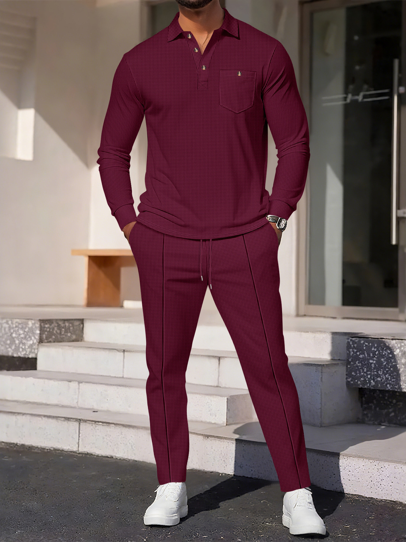 Men's Waffle Knit Shirt And Trousers Suit Casual Long Sleeve Set_voghion.com