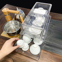 E0PB批发茶具收纳盒带盖防尘抽屉式可叠加透明大容量带沥水板茶杯