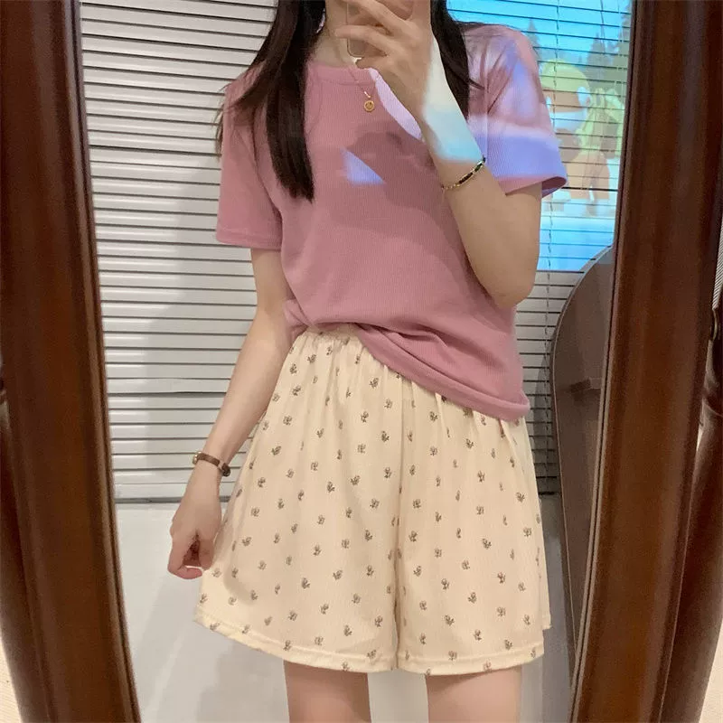 Пижамные брюки в красном сетчатом стиле, женские новые цветочные летние свободные домашние повседневные пляжные шорты в Корейском стиле, лето можно носить на улице