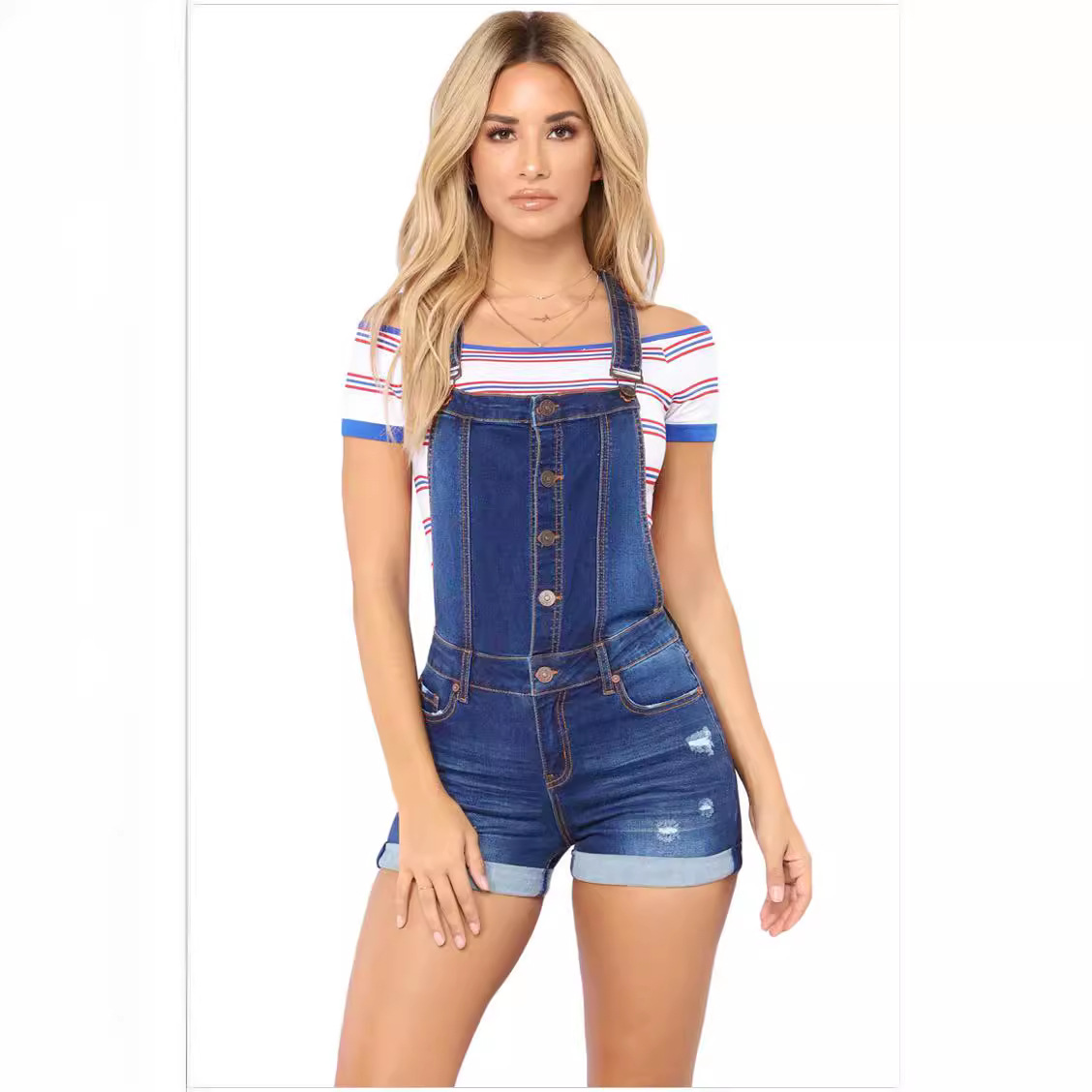 Primavera Amazon Europa y América ripped hip lifting suspender curling jeans deseo Pantalones Cortos de fábrica en las ventas Al Por Mayor