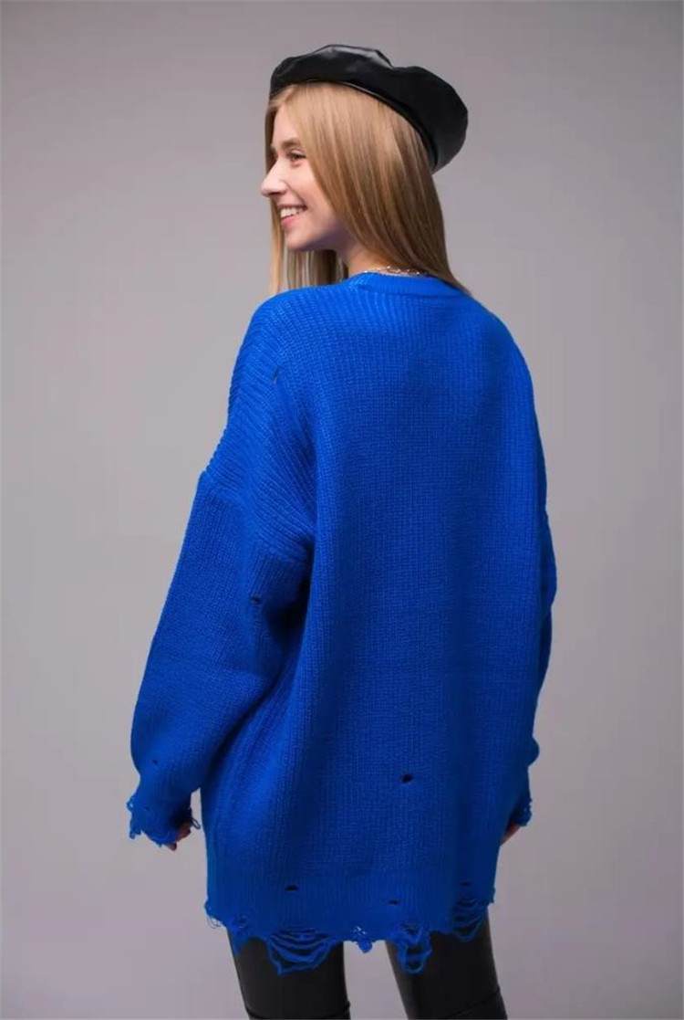 Maglione traforato ampio in tinta unita, lunghezza media, nuovo articolo autunno/inverno 2024, pullover girocollo, maniche lunghe_voghion.com