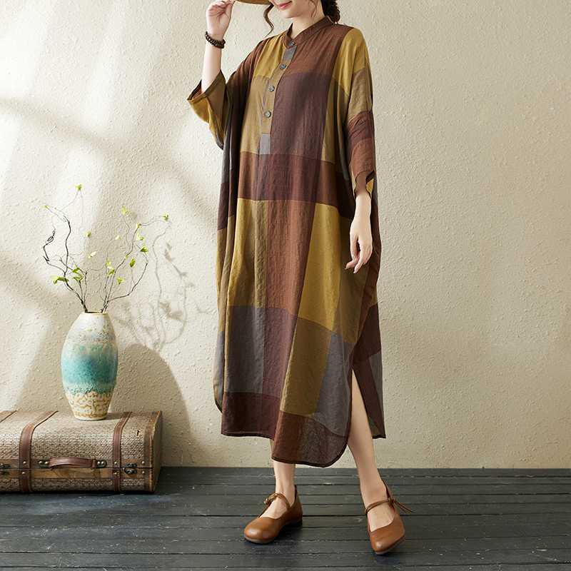 2024 Summer New Temperament Artistic Retro Cotton and Linen Printed Stand Collar Loose Super Long plus size Holiday dress