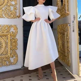 亚马逊跨境非洲女装2024夏新款双层荷叶袖纯色宴会礼服欧美连衣裙