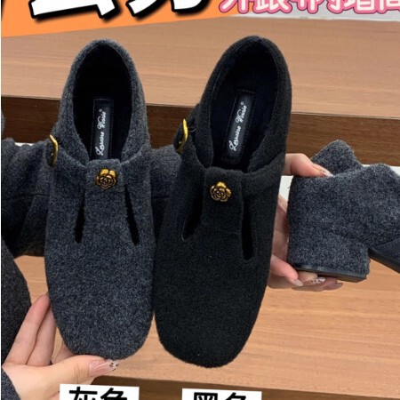 7cm ! Inner Heightening Outer Thick Heel Gray Fur Shoes Fleece-Lined Black High Heel Mary Jane Loafers Women's Mk