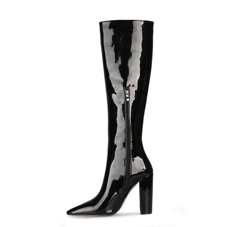 European and American Foreign Trade Pointed Side Zipper Calf Boots plus size Thick High Heel catwalk Mid-barrel Patent Leather Knee-high Boots
