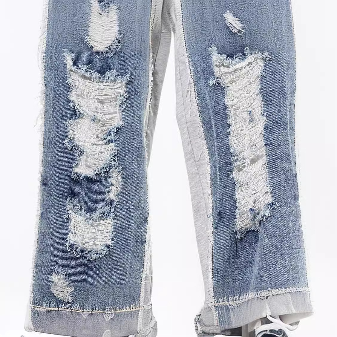 Women's Clothing retro design high waist retro hand distressed patchwork two piece patchwork straight trousers_voghion.com