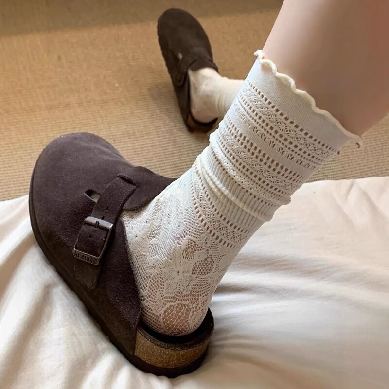 Japanese-Style White Hollow Lace Floral Socks for Women, Mid-Calf Socks, Summer Thin Jk Ruffle Mary Jane Slouch Socks