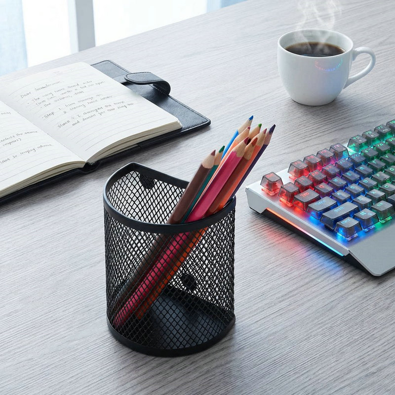 Portalápices de succión magnética semicircular de Amazon Portalápices de almacenamiento de malla de metal de papelería de escritorio de oficina al por mayor