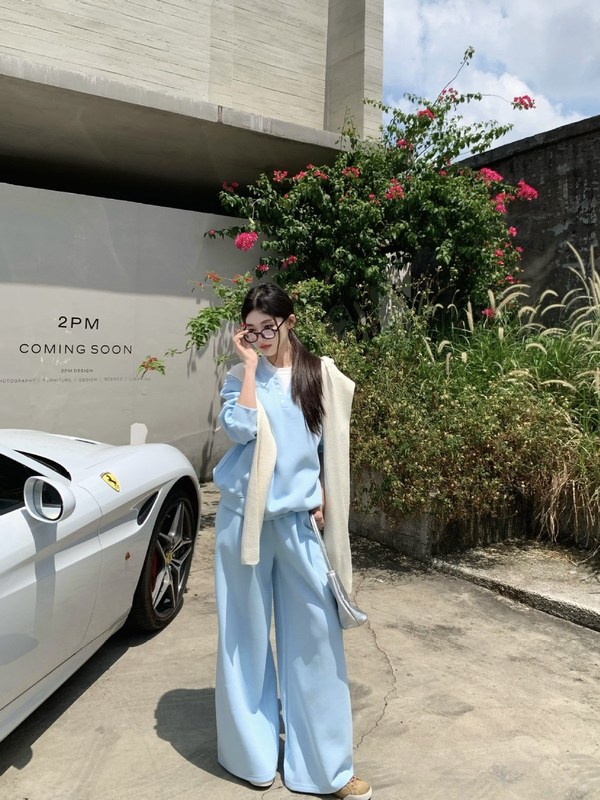 休闲运动蓝色卫衣套装女装韩系百搭高级感假两件上衣+直筒休闲裤|undefined