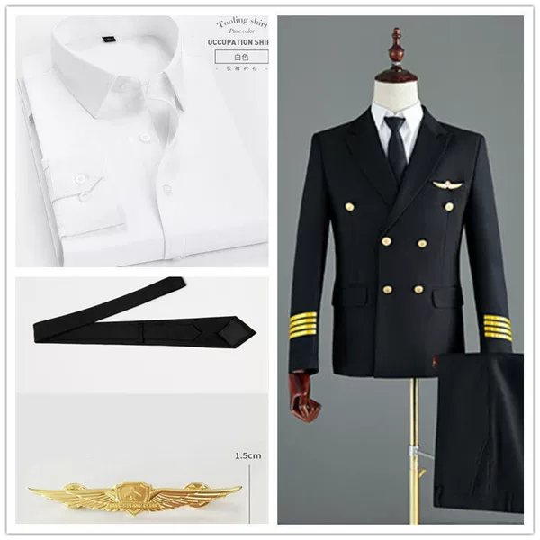 Black jacket, trousers, shirt, tie, brooch