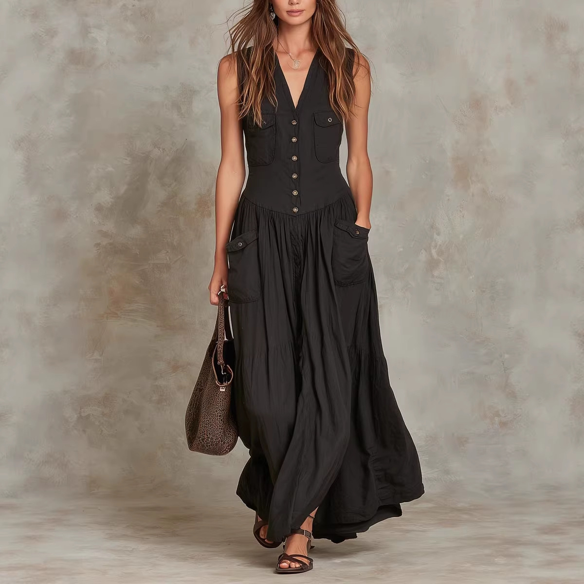 2026 European and American Women's Fashion Independent Site Amazon Ins Buttoned Long Solid Color V-Neck Sleeveless Pleated Dress