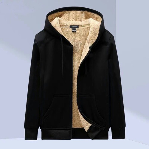 Winter velvet and thick hooded cardigan for men's new trend all-matching warm lamb cashmere coat for men's cotton coat