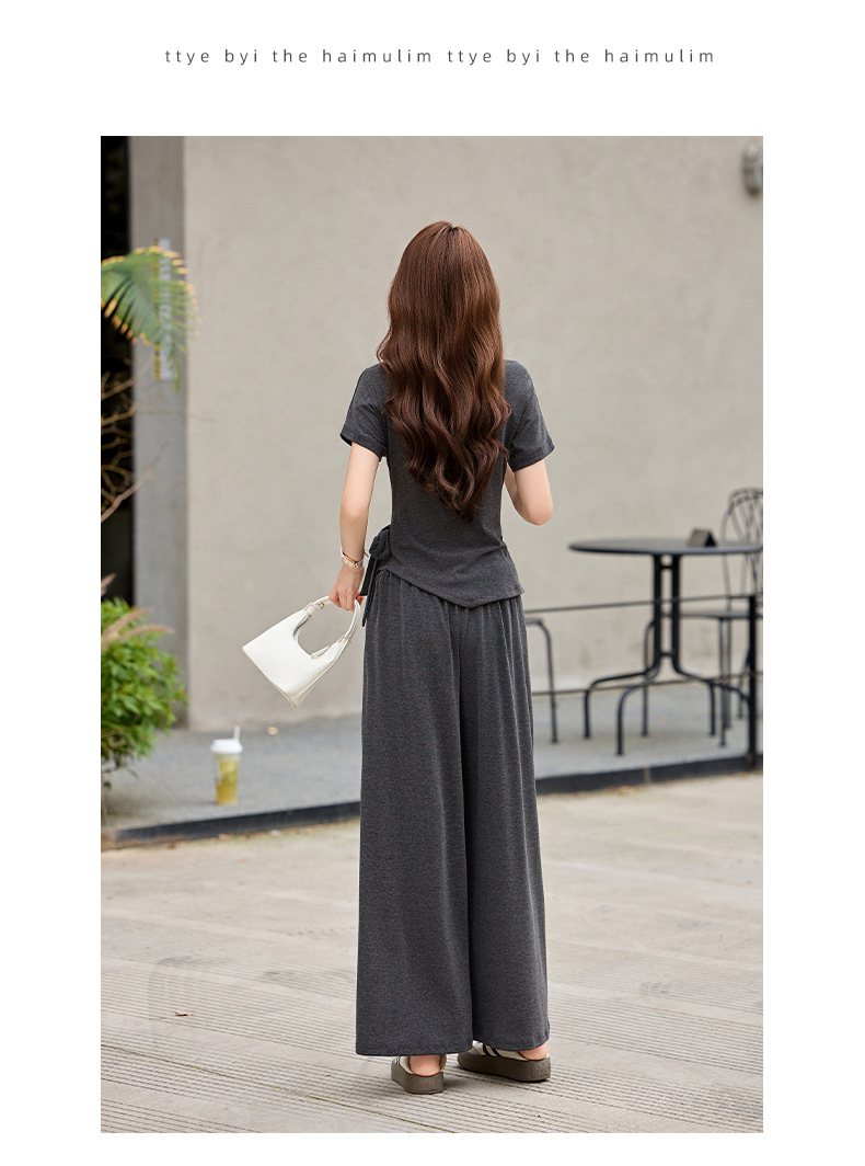 Bộ quần áo nữ thiết kế dây rút, áo phông phối quần ống rộng, form rộng thoải mái — Màu ảnh chi tiết 15