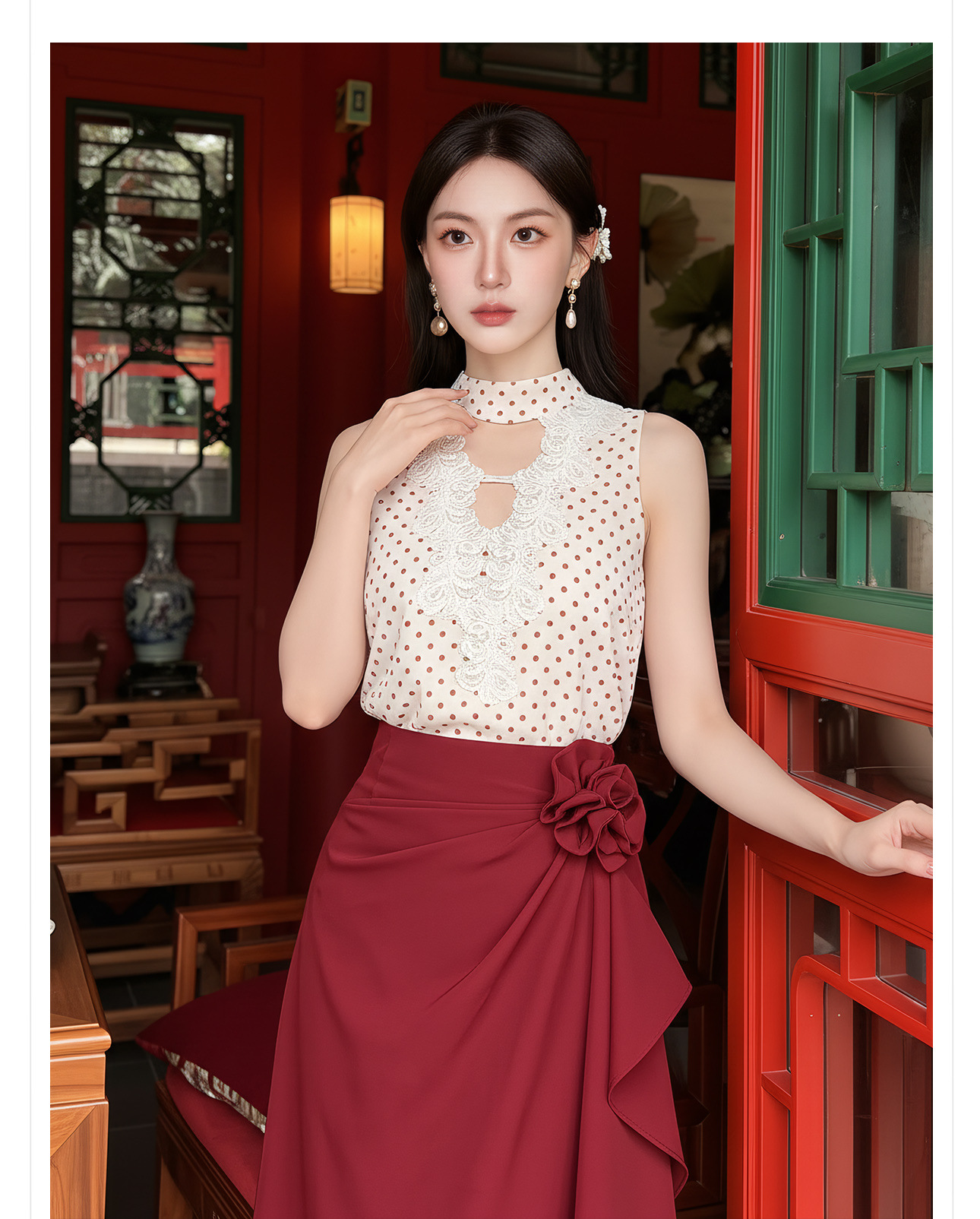 Bộ áo vest và chân váy ngắn họa tiết chấm bi phong cách tân cổ điển mùa hè — Trang phục [Vest+Half Dress], nửa váy, Trang phục [Áo vest+quần short], quần đùi chi tiết 10