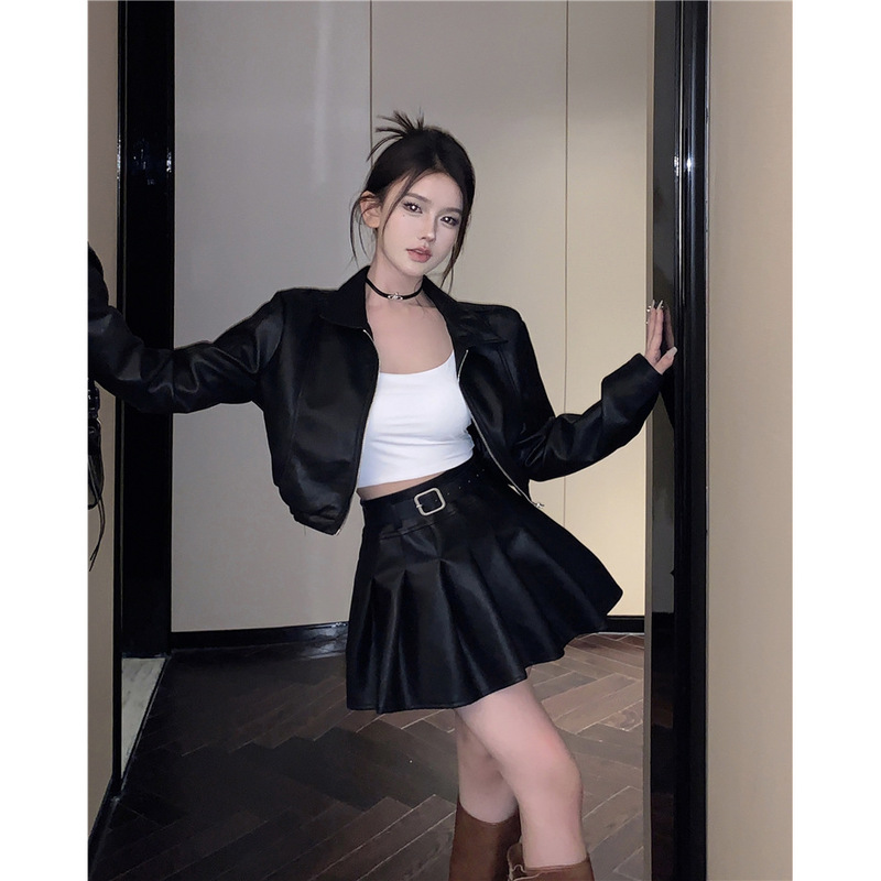 宽松短款长袖pu皮衣外套上衣女装秋季套装甜酷辣妹百褶短裙两件套|undefined