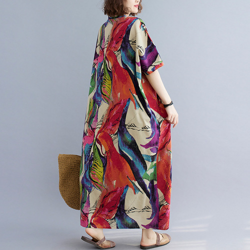 Simple vacation style long dress for women, summer cotton linen printed V-neck loose plus-size beach dress for women