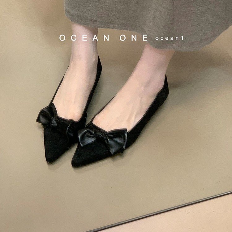 尖头蝴蝶结绒面低跟气质浅口单鞋女2025秋季新款百搭一脚蹬通勤鞋|undefined