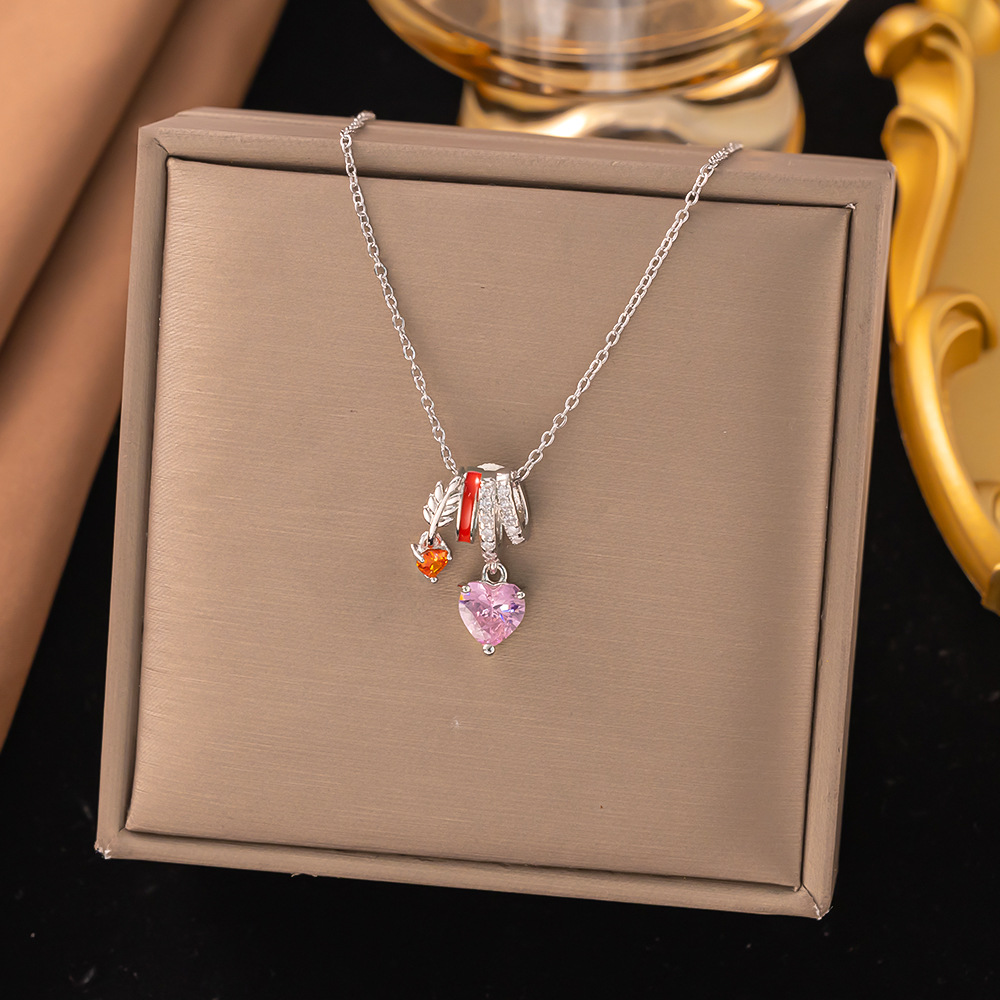 【8286】핑크 다이아몬드 러브 목걸이【실버】