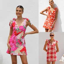 2025欧美跨境夏季新款连衣裙亚马逊ins印花V领系带迷你吊带连衣裙