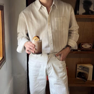 条纹长袖衬衫男士早秋韩版高品质纹理感小众设计休闲免烫垂感衬衣
