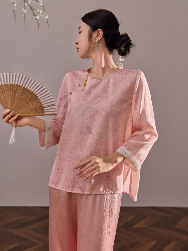 新中式袖口钉珠设计感轻奢上衣女装国风提花圆领新款衬衫 N5075|undefined