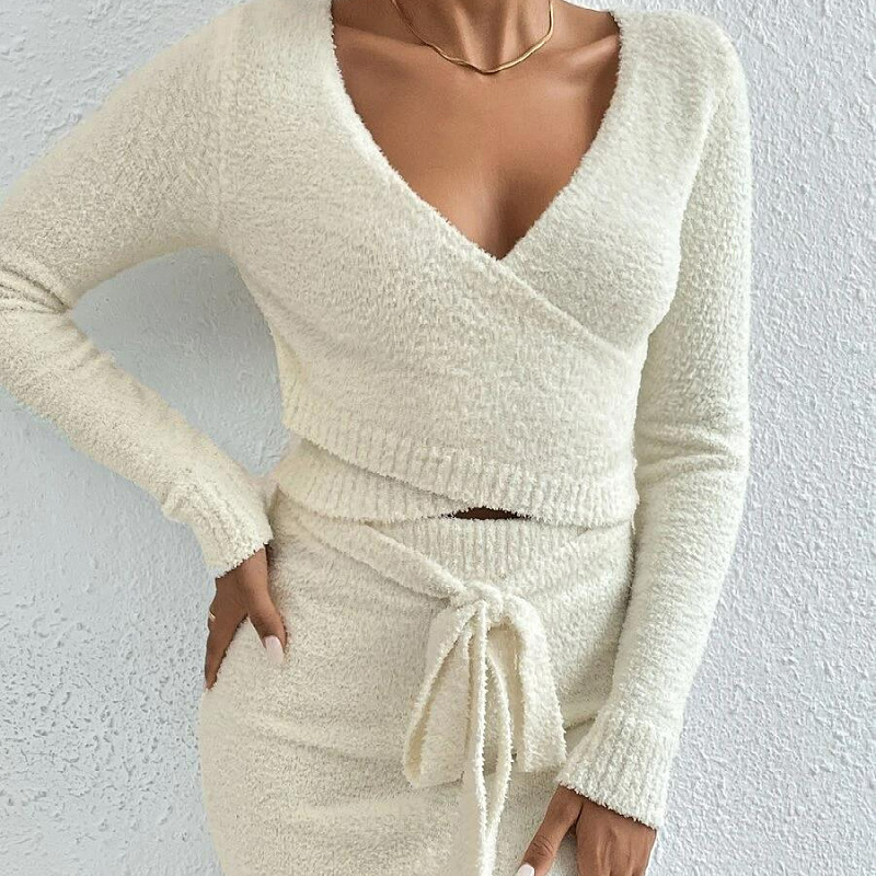 Women's suit knitted solid color top sweater skirt two-piece female_voghion.com