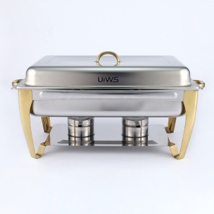 Cross-Border Supply Stainless Steel Buffet Stove Hotel Restaurant Food Insulation Container Square Gold-Plated Divided Alcohol Pot