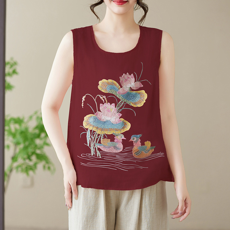2025 Retro Embroidered Cotton and Linen Round Neck Sleeveless New Chinese Style Vest Top Loose Slimming Versatile Fashion