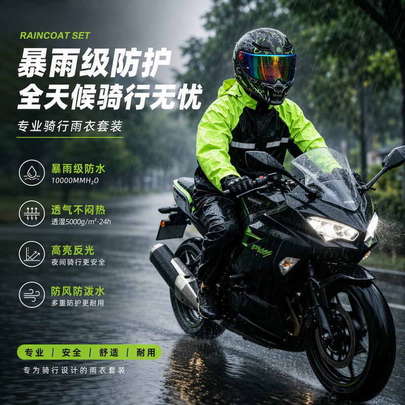 Cycling two-piece raincoat and rainpants set with thick breathable lining, suitable for duty, delivery, color-blocking, reflective, rainproof Cycling two-piece raincoat and rainpants set with thick breathable lining, suitable for duty, delivery, color-blocking, reflective, rainproof