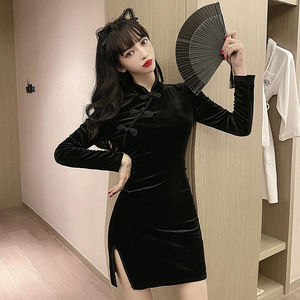 Retro Black velvet chinese dress qipao dress  split cheongsam dress for women Chinese style  model miss etiquette anchor retro cheongsam dress