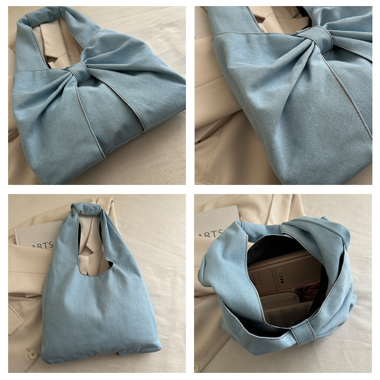 Polyester Lining Material Women's Large Denim Bow Knot Streetwear Sewing Thread Square Open Tote Bag