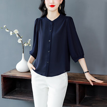 2025夏季新款洋气七分袖上衣气质减龄中袖纯色通勤百搭雪纺衬衫潮