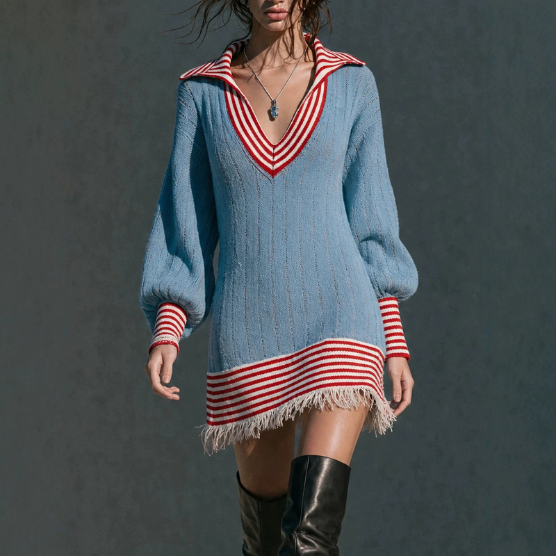 2026 Cross-Border European and American Autumn/Winter New Women's Vintage Color-Block Striped V-Neck Sweater Dress with Rough Edges