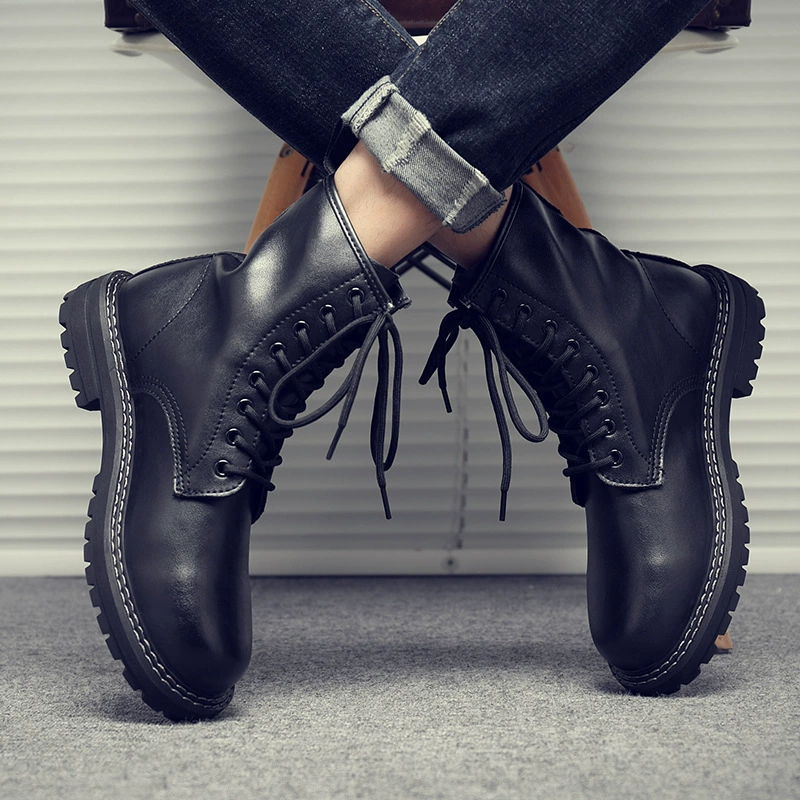 Рабочие ботинки (Martens) черный натуральная кожа, ботинки высокого английского стиля, плюс размеры