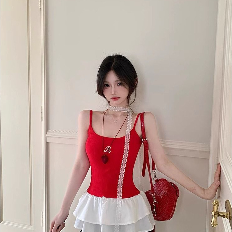 Korean Style Ballet Style Red Camisole Vest Women's Summer Stacked Lace Inner Base Spice Girl Slim-fit Outer Top Korean Style Ballet Style Red Camisole Vest Women's Summer Stacked Lace Inner Base Spice Girl Slim-fit Outer Top