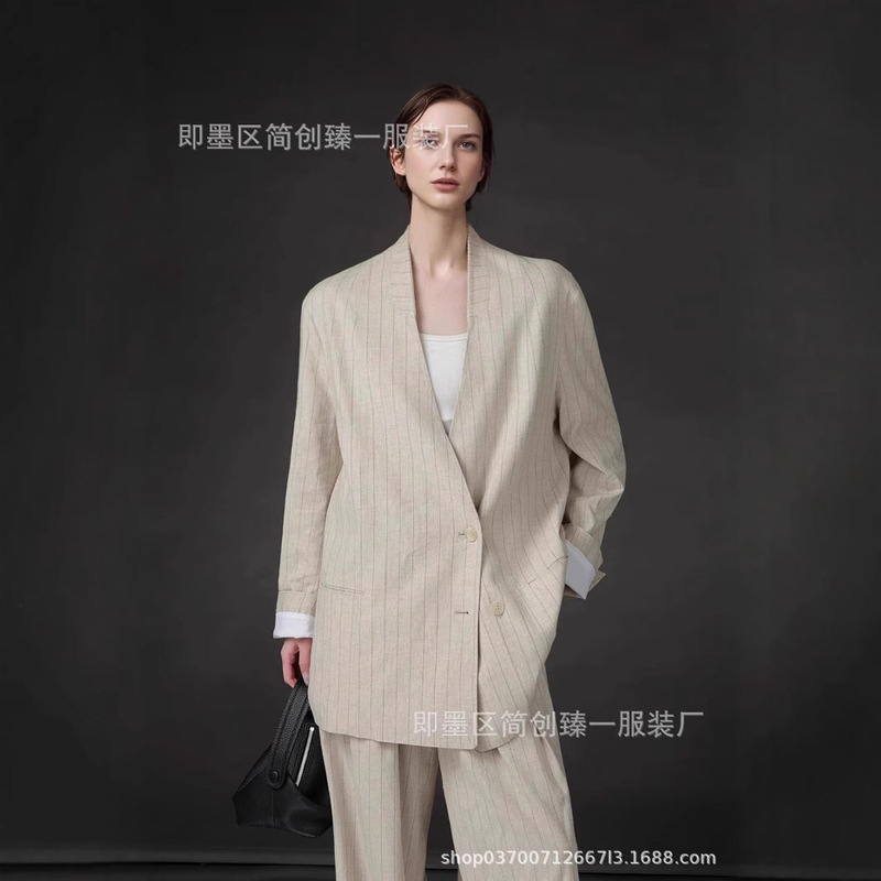 Old Qian Feng Linen Striped Suit Jacket Women's High Set V Neck Lock Edge Small Men's Suit Spring New Fashion Old Qian Feng Linen Striped Suit Jacket Women's High Set V Neck Lock Edge Small Men's Suit Spring New Fashion
