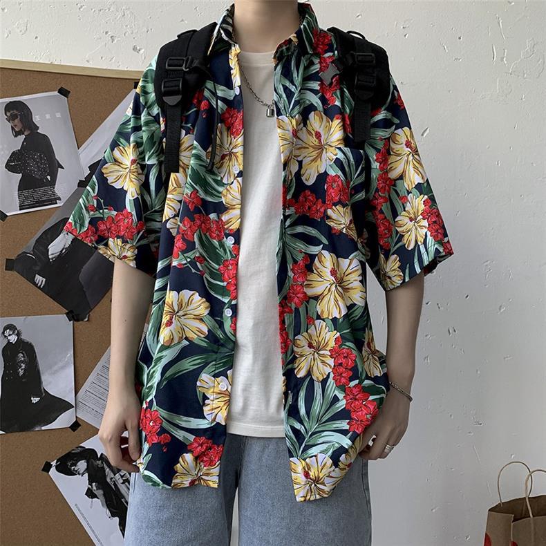 夏季复古油画花衬衣男短袖古巴领vintage衬衫夏威夷宽松情侣外套-阿里巴巴