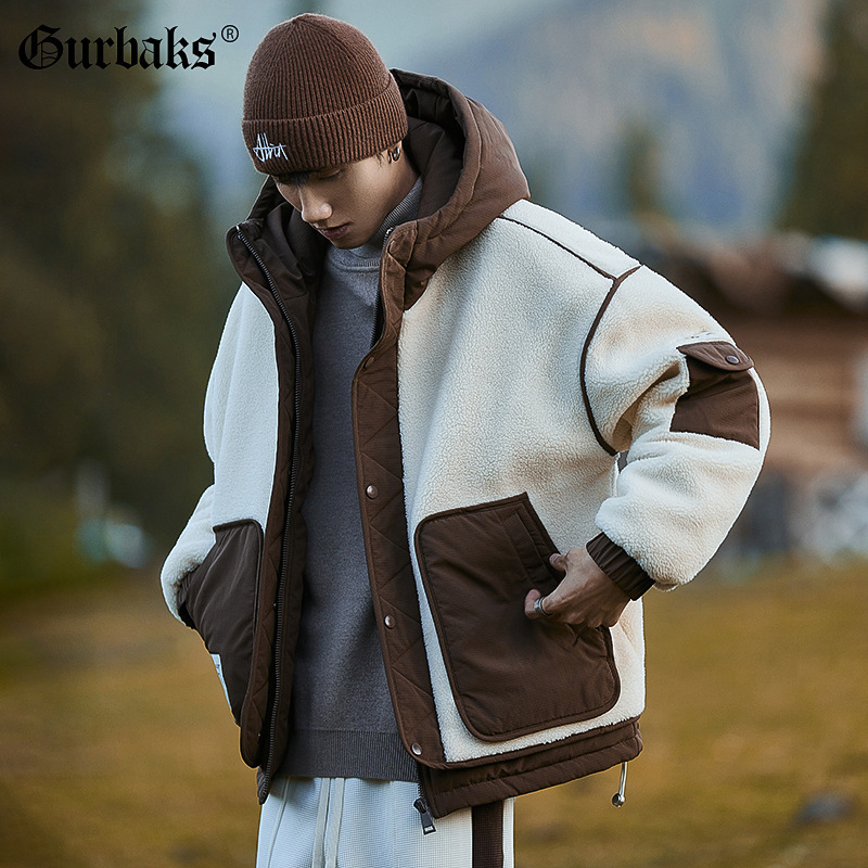 GURBAKS autumn and winter New down jacket men's fleece-lined thickened stitching tooling warm lamb wool winter coat