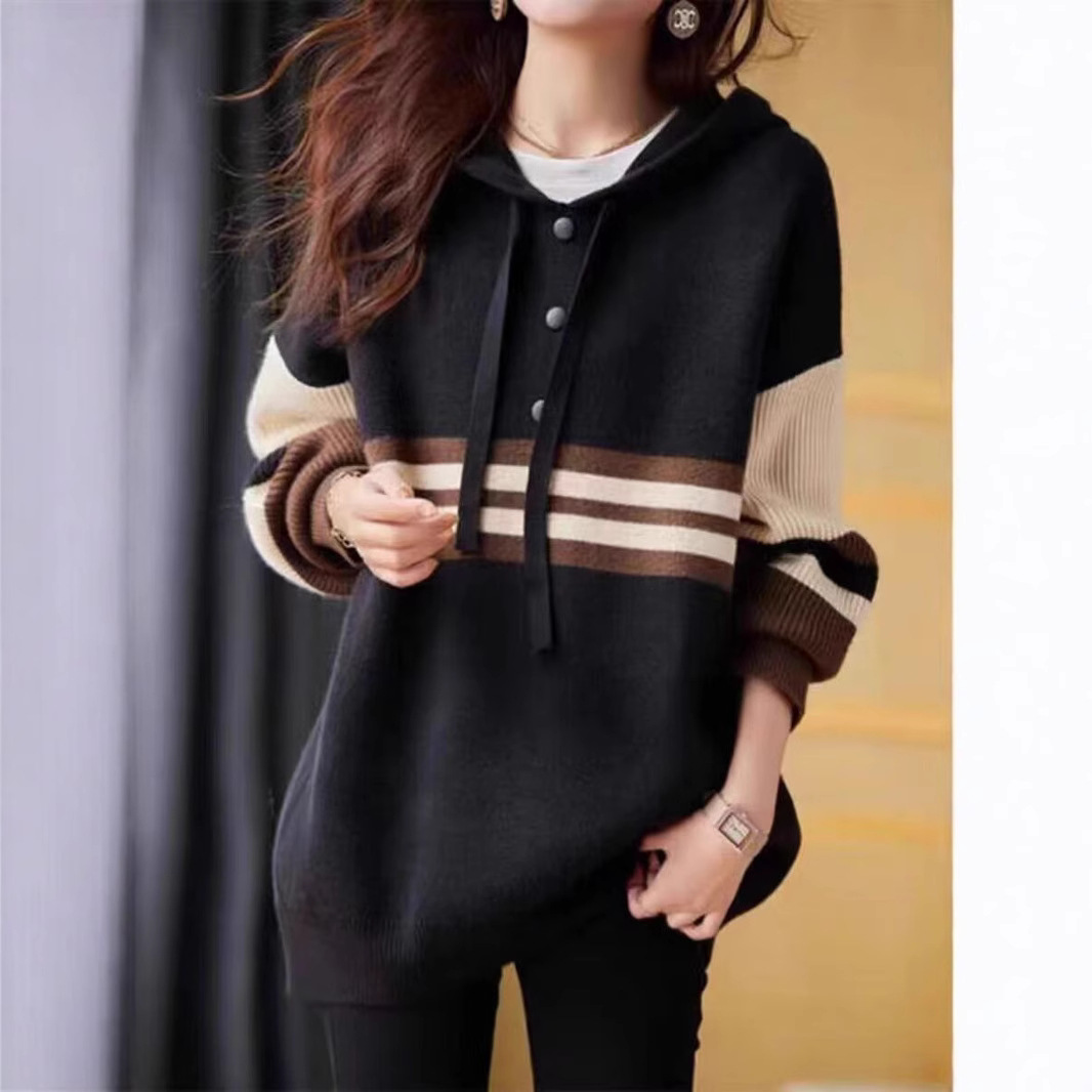 【 Famiglia Cashmere 】 Maglione da donna in lana a righe europee, versione coreana, con cappuccio largo, strato interno in maglia spessa_voghion.com