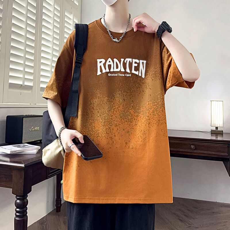 2025夏季新款男士青少年休闲帅气潮流阔版短袖T恤渐变色初高中生|undefined
