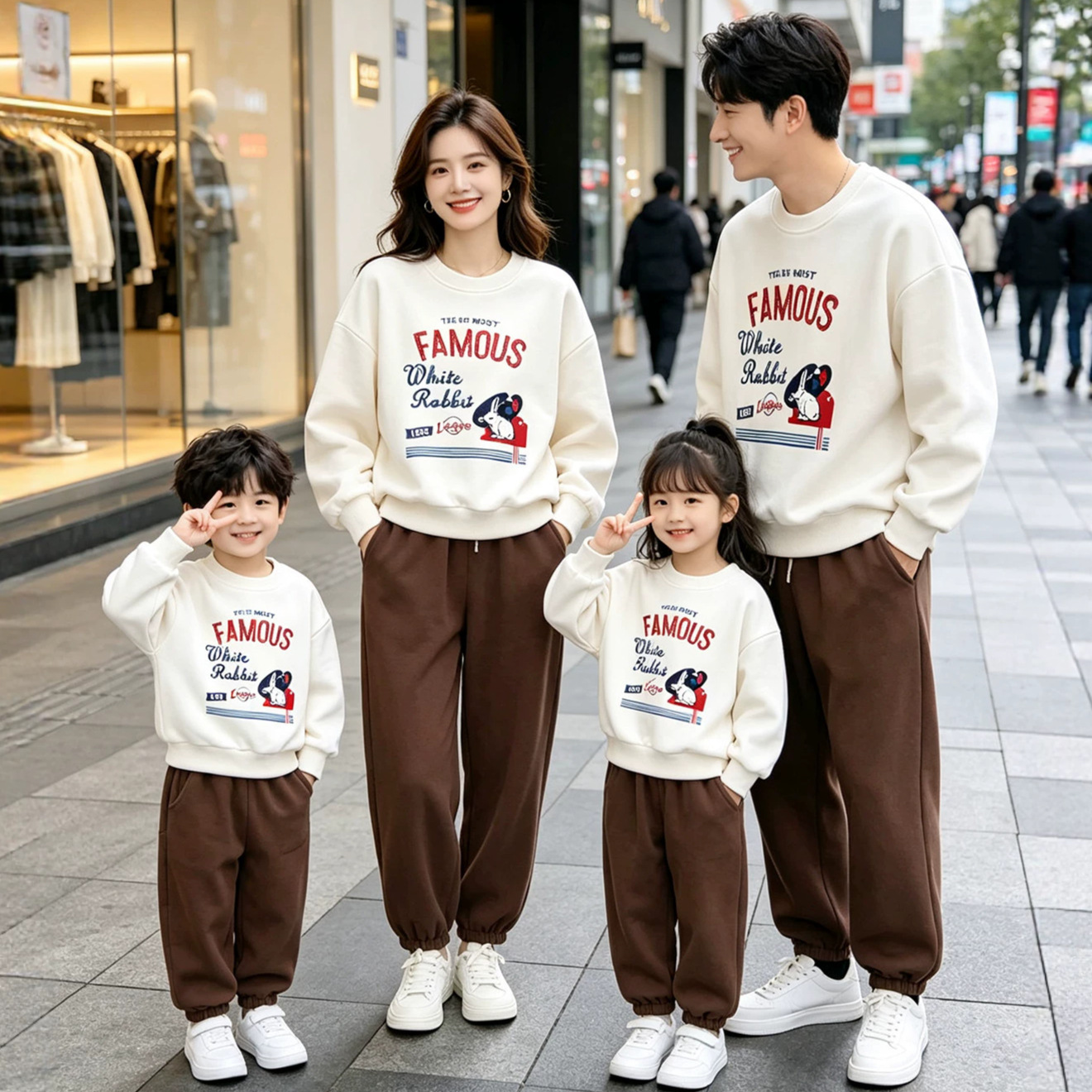 韩系休闲亲子装卫衣大白兔趣味印花一家四口舒适宽松秋冬季全家福