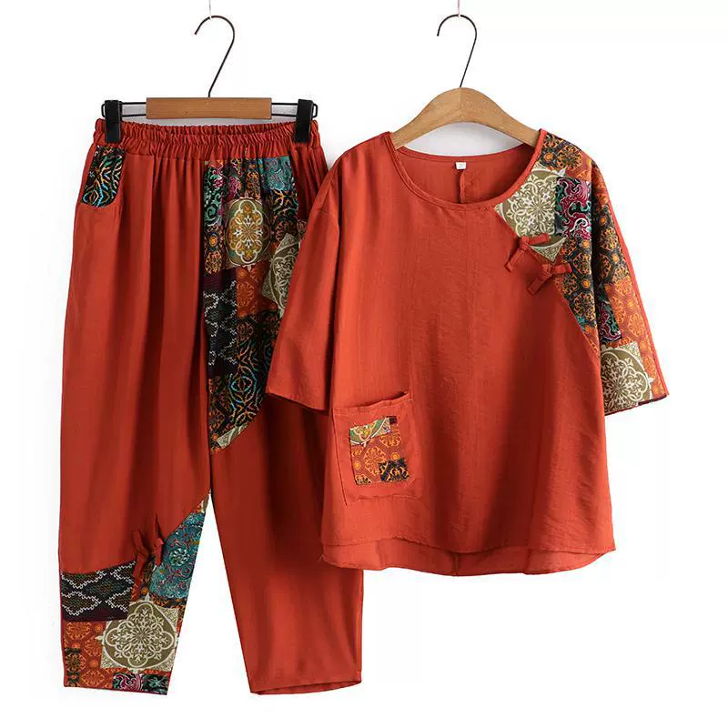 Летний костюм для матери в иностранном стиле больших размеров, свободный женский модный повседневный комплект из двух предметов в стиле ретро для бабушки, уменьшающий возраст, повседневный комплект из двух предметов