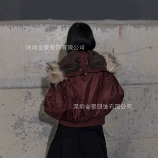 美式复古酒红色连帽有毛领夹棉宽松收腰黑色减龄派克服夹克外套女