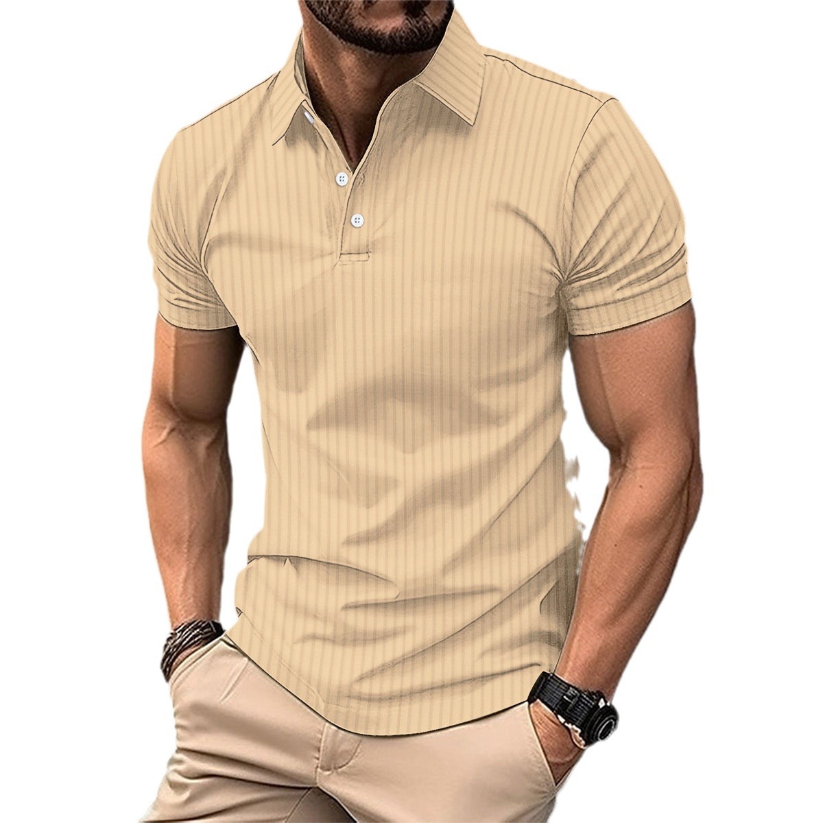 European And American Cross-Border Trade Wish Men's Summer Sports Fitness Casual Stretch Vertical Stripe Short Sleeve_voghion.com