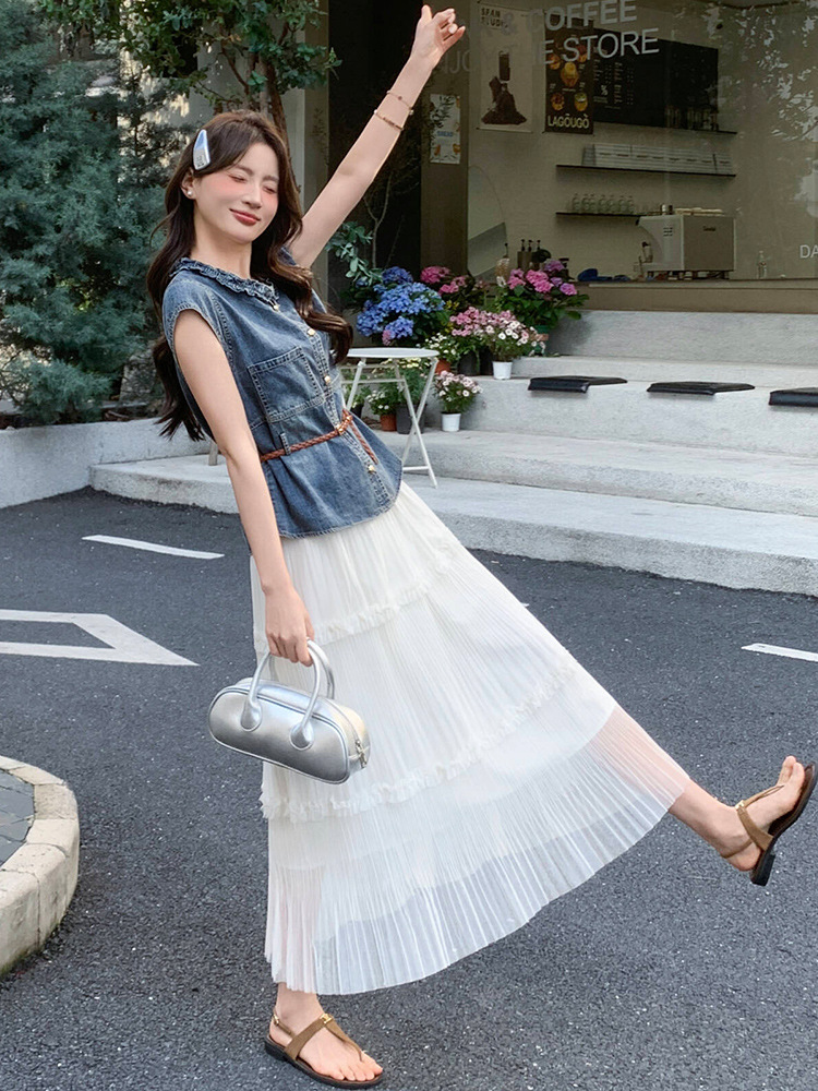Bộ yếm quần denim không tay kết hợp chân váy ngắn nữ 2 món mùa hè 2026 — Màu ảnh