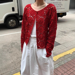 气质镂空钩花圆领针织开衫秋装简约百搭长袖罩衫外套上衣 HZ001